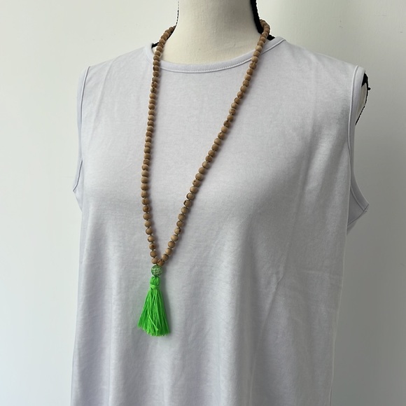 Boho Mala Necklace with Neon Green Tassel & Wood Tulsi Beads - Picture 6 of 6